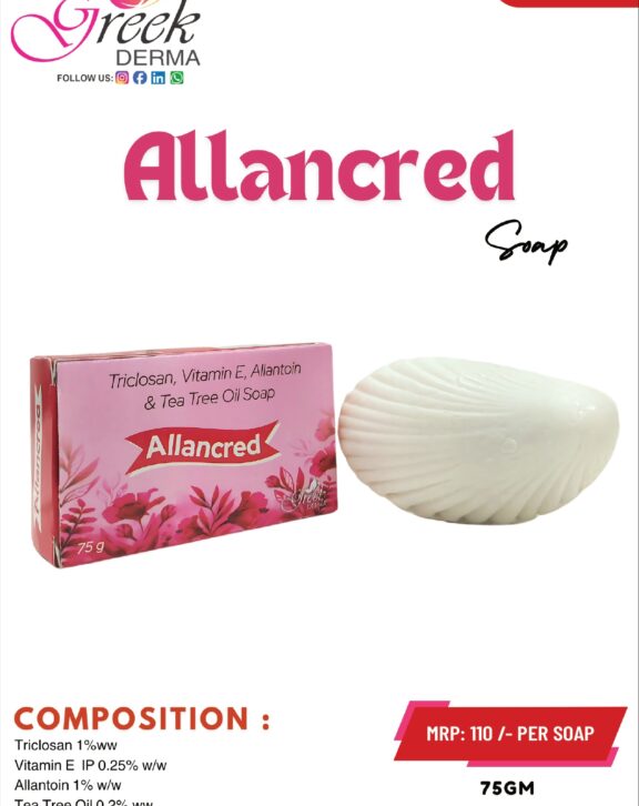 ALLANCRED Soap is a medicated cleansing bar designed to provide antibacterial protection while maintaining skin health. It contains Triclosan 1% w/w to help eliminate bacteria, along with Tea Tree Oil 0.2% w/w known for its natural antimicrobial properties. Enriched with Vitamin E and Allantoin, the soap helps moisturize, soothe, and protect the skin from dryness and irritation. It gently cleanses impurities while supporting skin repair and maintaining hygiene. Suitable for daily use, ALLANCRED Soap helps keep the skin fresh, clean, and healthy, making it ideal for managing skin prone to infections and irritation. &nbsp;