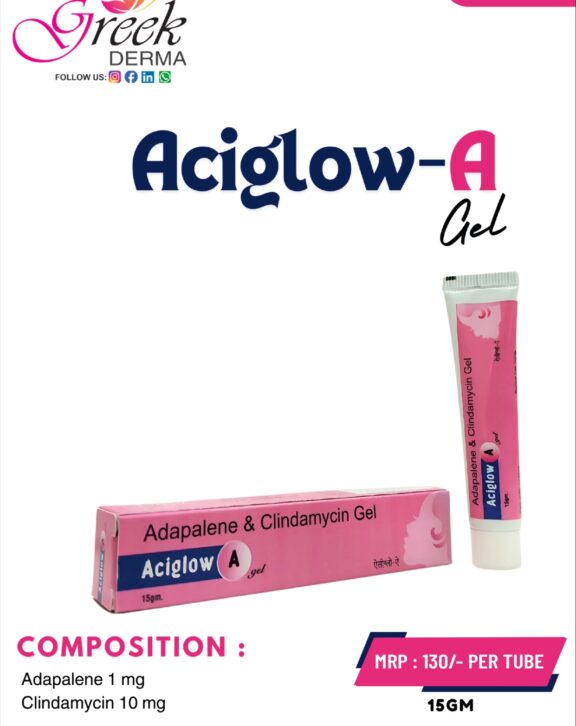 ACIGLOW-A Gel is a combination topical formulation designed for the effective management of acne and related skin concerns. It contains Clindamycin Phosphate 1% w/w, which helps control acne-causing bacteria, and Adapalene 0.1% w/w, a retinoid that promotes skin renewal and prevents clogged pores. This dual-action formula works to reduce breakouts, improve skin texture, and support clearer-looking skin over time. The gel-based formulation is lightweight, non-greasy, and absorbs easily into the skin. With regular use, it helps minimize inflammation, prevent new acne formation, and enhance overall skin clarity for a smoother and healthier appearance.