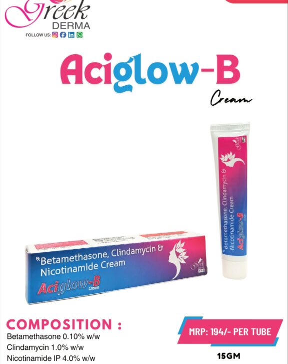 ACIGLOW-B Cream is a combination topical formulation designed to manage inflammatory skin conditions associated with acne. It contains Betamethasone 0.10% w/w, which helps reduce redness, swelling, and irritation, along with Clindamycin 1.0% w/w to control acne-causing bacteria. Nicotinamide IP 4.0% w/w supports skin repair and helps improve overall skin texture. This triple-action formula works to calm inflamed skin, reduce breakouts, and promote a clearer appearance. The smooth cream base ensures easy application and better absorption. With regular use as directed, it helps soothe irritated skin and restore a healthier, more balanced complexion.