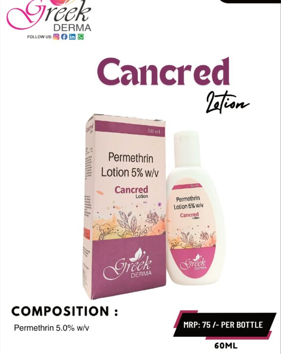CANCRED Lotion is a topical formulation designed to help manage skin infestations such as scabies and lice. It contains Permethrin, an effective agent known for its action against mites and parasites. The lotion works by targeting and eliminating the organisms responsible for skin irritation, itching, and discomfort. Its smooth and easy-to-apply formulation ensures even coverage on the affected areas. With proper use, it helps relieve itching, reduces irritation, and supports the restoration of healthy skin. CANCRED Lotion is suitable for external use and should be applied as directed for effective results and optimal skin care