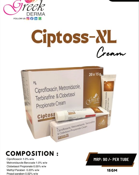 CIPTOSS XL Cream is a combination topical formulation designed to manage mixed skin infections involving bacterial and fungal components along with inflammation. It contains Ciprofloxacin Hydrochloride and Metronidazole Benzoate to help control bacterial growth, Terbinafine Hydrochloride for antifungal action, and Clobetasol Propionate to reduce inflammation, redness, and itching. This multi-action formula works effectively to relieve discomfort, promote healing, and restore skin health. The cream spreads easily on the skin, ensuring proper coverage of affected areas. With regular use as directed, it helps manage infection, reduce irritation, and support faster recovery of damaged skin. &nbsp;
