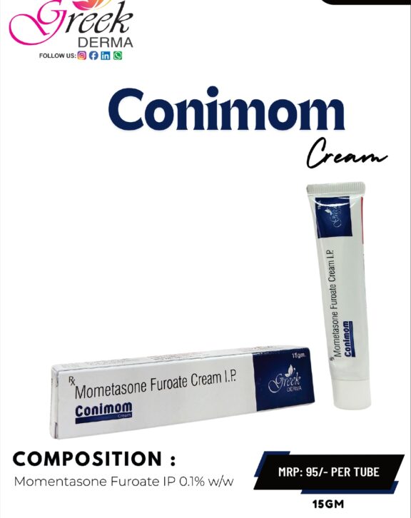 CONIMOM Cream is a topical formulation designed to help manage inflammatory skin conditions such as dermatitis, allergies, and skin irritation. It contains Mometasone Furoate 0.1% w/w, a corticosteroid that helps reduce redness, swelling, and itching, along with Chlorocresol 0.1% w/w, which acts as a preservative and supports product stability. The cream works by calming inflamed skin, providing relief from discomfort, and improving overall skin condition. Its smooth texture allows easy application and absorption into the skin. With regular use as directed, CONIMOM Cream helps restore skin comfort and promotes a healthier appearance. &nbsp;