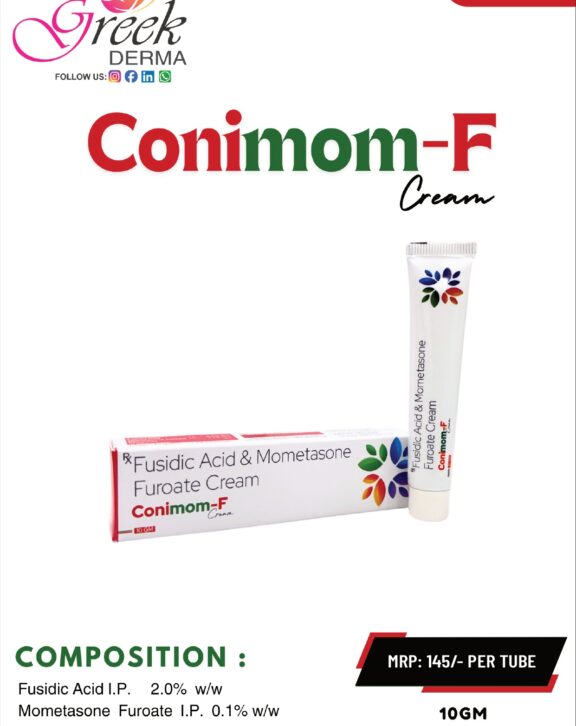 CONIMOM-F Cream is a combination topical formulation designed to manage inflammatory skin conditions associated with bacterial infections. It contains Mometasone Furoate 0.1% w/w, which helps reduce redness, swelling, and itching, along with Fusidic Acid 2.0% w/w, an antibiotic that targets and controls bacterial growth. This dual-action formula works to relieve discomfort, control infection, and support faster skin recovery. The smooth cream base allows easy application and quick absorption into the skin. With regular use as directed, CONIMOM-F Cream helps restore skin health, reduce irritation, and promote a clearer, healthier appearance. &nbsp;