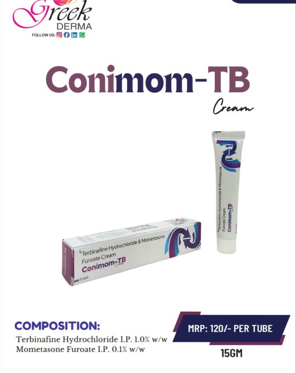 CONIMOM-TB Cream is a combination topical formulation designed to manage inflammatory skin conditions associated with fungal infections. It contains Mometasone Furoate 0.1% w/w, which helps reduce redness, swelling, and itching, along with Terbinafine HCl 1% w/w, an antifungal agent that targets and controls fungal growth. This dual-action formula works to relieve irritation, eliminate infection, and support faster skin recovery. The smooth cream base ensures easy application and effective absorption into the skin. With regular use as directed, CONIMOM-TB Cream helps restore skin health, improve comfort, and promote a clearer, healthier appearance. &nbsp;