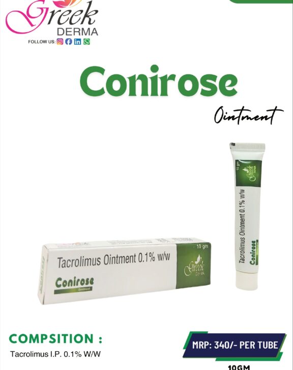 CONIROSE Cream is a topical formulation designed to help manage inflammatory skin conditions such as eczema and dermatitis. It contains Tacrolimus 0.1% w/w, an immunomodulator that works by reducing skin inflammation and suppressing the overactive immune response responsible for irritation and redness. This non-steroidal formulation helps provide relief from itching, dryness, and discomfort while supporting long-term skin health. The smooth cream base ensures easy application and quick absorption without leaving a greasy residue. With regular use as directed, CONIROSE Cream helps improve skin condition, restore comfort, and promote a healthier, more balanced skin appearance. &nbsp;