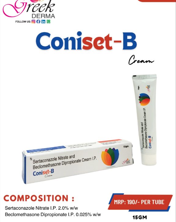 CONISET-B Cream is a combination topical formulation designed to manage inflammatory fungal skin infections effectively. It contains Sertaconazole Nitrate 2.0% w/w, an antifungal agent that helps eliminate fungal growth, along with Beclomethasone Dipropionate 0.025% w/w, which reduces inflammation, redness, and itching. This dual-action formula works to relieve discomfort, control infection, and promote faster skin recovery. The smooth cream base ensures easy application and uniform coverage over affected areas. With regular use as directed, CONISET-B Cream helps restore skin health, reduce irritation, and support a clearer, healthier skin appearance. &nbsp;