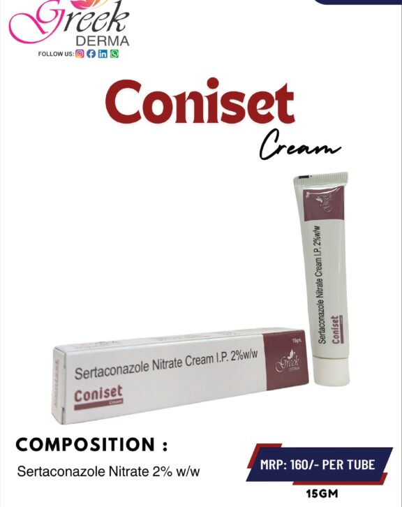 CONISET Cream is a topical antifungal formulation designed to effectively manage various fungal skin infections. It contains Sertaconazole Nitrate 2.0% w/w, which helps eliminate fungal organisms responsible for itching, redness, and skin irritation. The cream works by controlling fungal growth and preventing its spread, thereby supporting faster skin recovery. Its smooth, non-greasy texture ensures easy application and quick absorption into the skin. With regular use as directed, CONISET Cream helps relieve discomfort, reduce infection, and restore healthy skin condition, making it suitable for daily use in managing fungal skin concerns. &nbsp;