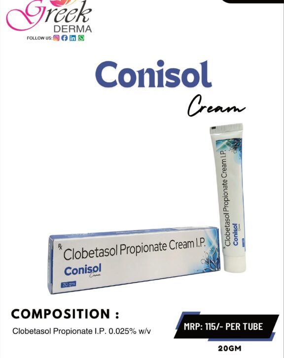 CONISOL Lotion is a topical formulation designed to manage inflammatory skin and scalp conditions associated with scaling, itching, and irritation. It contains Clobetasol Propionate 0.05% w/w, a potent corticosteroid that helps reduce redness and inflammation, along with Salicylic Acid 6% w/w, which assists in exfoliating dead skin cells and reducing scaling. This dual-action formula works to relieve discomfort, improve skin texture, and support healthier skin. The lotion form allows easy application, especially on larger or hairy areas like the scalp. With regular use as directed, it helps restore smoother, more comfortable skin. &nbsp;