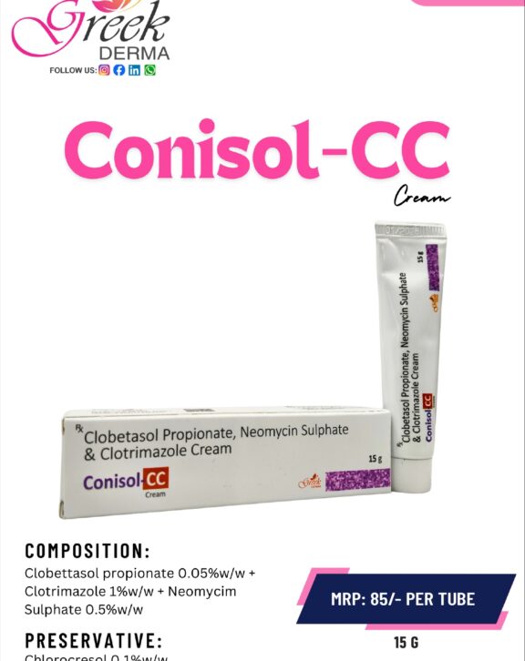 CONISOL-CC Cream is a combination topical formulation designed to manage mixed skin infections associated with inflammation. It contains Clobetasol Propionate to reduce redness, swelling, and itching, Clotrimazole to control fungal infections, and Neomycin Sulphate to help manage bacterial growth. This triple-action formula works effectively to relieve discomfort, treat infection, and promote faster skin recovery. The cream spreads easily on the skin, ensuring proper coverage of affected areas. With regular use as directed, CONISOL-CC Cream helps restore healthier skin, reduce irritation, and improve overall skin condition. &nbsp;