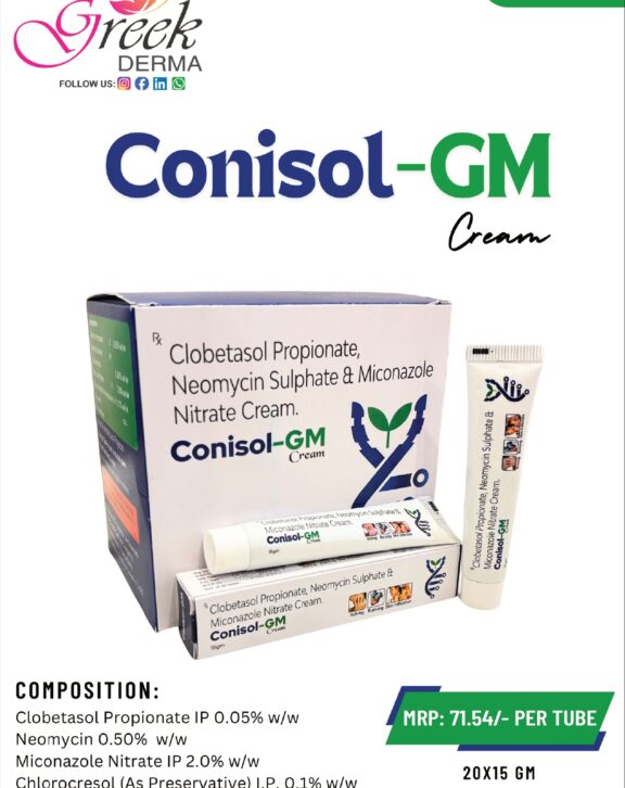 CONISOL-GM Cream is a combination topical formulation designed to manage mixed skin infections involving bacterial and fungal components along with inflammation. It contains Clobetasol Propionate 0.05% w/w to reduce redness, swelling, and itching, Neomycin Sulphate 0.5% w/w to control bacterial growth, and Miconazole Nitrate 2.0% w/w to treat fungal infections. This triple-action formula works to relieve discomfort, control infection, and promote faster healing. The cream spreads easily, ensuring proper coverage of affected areas. With regular use as directed, CONISOL-GM Cream helps restore healthier skin, reduce irritation, and improve overall skin condition. &nbsp;