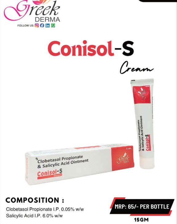 CONISOL-S Ointment is a topical formulation designed to manage inflammatory skin conditions associated with thickened, scaly, and rough skin. It contains Clobetasol Propionate 0.05% w/w, a potent corticosteroid that helps reduce redness, itching, and inflammation, along with Salicylic Acid 6% w/w, which aids in exfoliating dead skin cells and softening thickened skin. This dual-action ointment works to relieve discomfort, improve skin texture, and support healthier skin recovery. The ointment base provides enhanced moisturization and prolonged contact with the skin. With regular use as directed, it helps restore smoother and more comfortable skin.