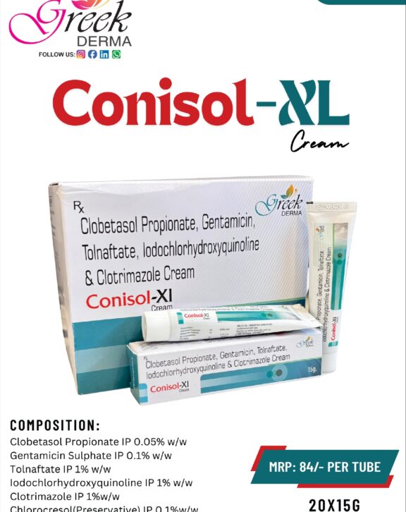 CONISOL-XL Cream is a multi-action topical formulation designed to manage complex skin infections involving bacterial, fungal, and inflammatory components. It contains Clobetasol Propionate to reduce redness and itching, Gentamicin Sulphate to control bacterial growth, and a combination of antifungal agents including Tolnaftate, Iodochlorhydroxyquinoline, and Clotrimazole to effectively target fungal infections. This advanced formulation works to relieve discomfort, control infection, and promote faster skin recovery. The cream spreads easily and ensures proper coverage over affected areas. With regular use as directed, CONISOL-XL Cream helps restore healthier skin and improves overall skin condition.