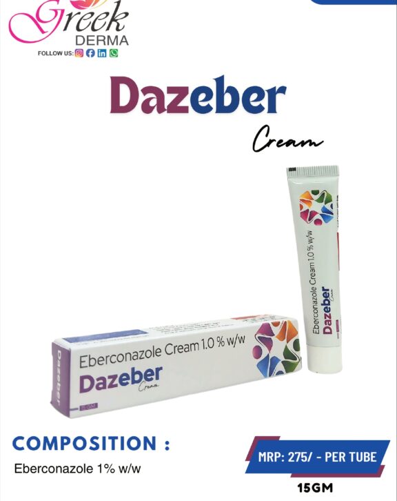 DAZEBER Cream is a topical antifungal formulation designed to effectively manage a variety of fungal skin infections. It contains Eberconazole 1% w/w, which helps inhibit fungal growth and eliminate infection-causing organisms. The cream works by relieving symptoms such as itching, redness, and irritation while supporting faster skin recovery. Its smooth, non-greasy texture ensures easy application and quick absorption into the skin. With regular use as directed, DAZEBER Cream helps restore healthy skin, prevent the spread of infection, and improve overall skin condition, making it suitable for daily use in managing fungal concerns. &nbsp; &nbsp; &nbsp;