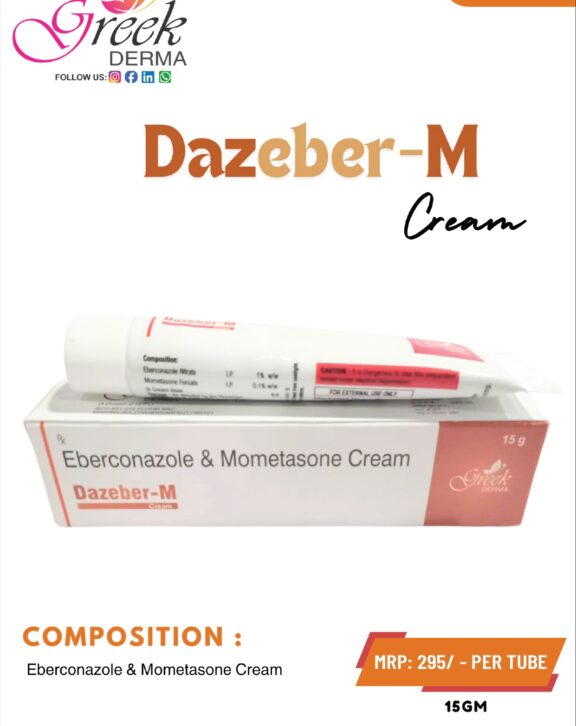 DAZEBER-M Cream is a combination topical formulation designed to manage fungal skin infections associated with inflammation and irritation. It contains Eberconazole 1% w/w, an antifungal agent that helps eliminate infection-causing fungi, along with Mometasone Furoate 0.1% w/w, which reduces redness, itching, and swelling. This dual-action formula works effectively to relieve discomfort, control infection, and support faster skin recovery. The smooth cream base ensures easy application and quick absorption into the skin. With regular use as directed, DAZEBER-M Cream helps restore healthier skin, reduce irritation, and improve overall skin condition. &nbsp;