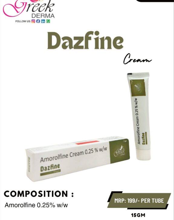DAZFINE Cream (Amorolfine 0.25% w/w Cream) DAZFINE Cream is a topical antifungal formulation designed to effectively manage a variety of fungal skin infections. It contains Amorolfine 0.25% w/w, which works by inhibiting the growth of fungi and eliminating infection-causing organisms. The cream helps relieve symptoms such as itching, redness, and irritation while supporting faster skin recovery. Its smooth, non-greasy texture ensures easy application and quick absorption into the skin. With regular use as directed, DAZFINE Cream helps restore healthy skin, prevent the spread of infection, and improve overall skin condition, making it suitable for daily use in fungal skin care management. &nbsp;