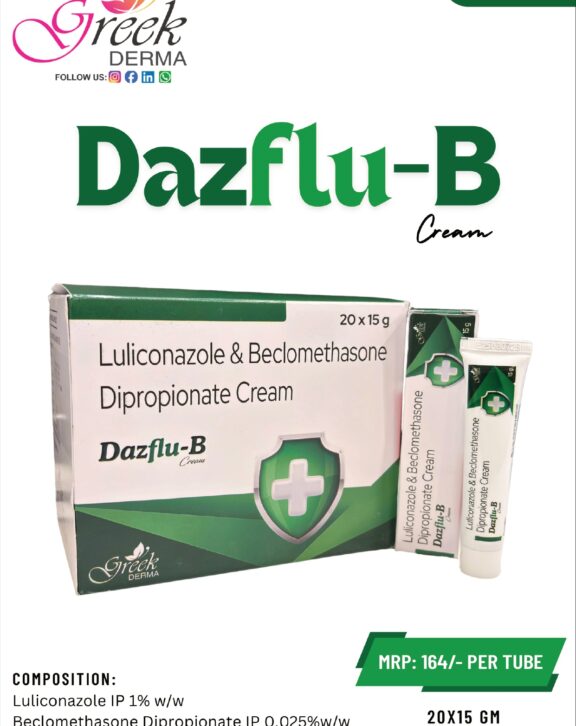 DAZFLU-B Cream is a combination topical formulation designed to manage fungal skin infections associated with inflammation and irritation. It contains Luliconazole IP 1% w/w, a potent antifungal agent that helps eliminate infection-causing fungi, along with Beclomethasone Dipropionate IP 0.025% w/w, which reduces redness, itching, and swelling. This dual-action formula works to relieve discomfort, control infection, and support faster skin recovery. The cream spreads easily and absorbs quickly, ensuring effective coverage of affected areas. With regular use as directed, DAZFLU-B Cream helps restore healthier skin, reduce irritation, and improve overall skin condition. &nbsp;