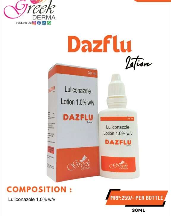 DAZFLU Lotion is a topical antifungal formulation designed to effectively manage a variety of fungal skin infections, especially on larger or hairy areas. It contains Luliconazole 1% w/v, a potent antifungal agent that helps eliminate infection-causing fungi and prevents their growth. The lotion works to relieve itching, redness, and irritation while supporting faster skin recovery. Its lightweight, non-greasy formulation allows easy application and quick absorption into the skin. With regular use as directed, DAZFLU Lotion helps restore healthy skin, reduce infection, and improve overall skin condition, making it suitable for daily fungal care management. &nbsp;