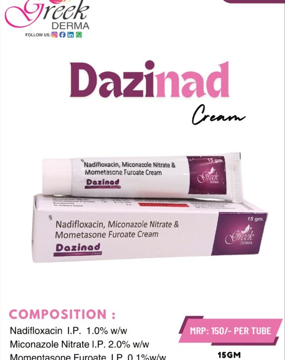 DAZINAD Cream is a combination topical formulation designed to manage mixed skin infections involving bacterial, fungal, and inflammatory components. It contains Nadifloxacin 1% w/w to control bacterial growth, Miconazole Nitrate 2% w/w for effective antifungal action, and &nbsp;