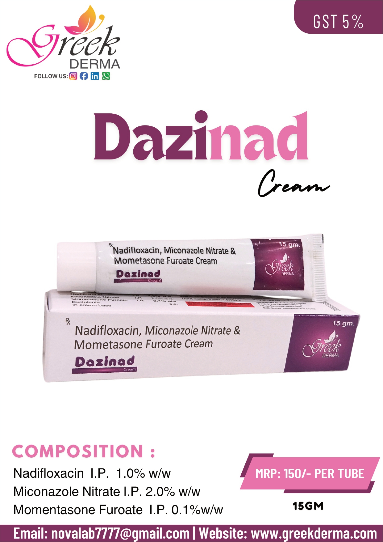 DAZINAD Cream (Nadifloxacin 1% w/w, Miconazole Nitrate 2% w/w & Mometasone Furoate 0.14% w/w)