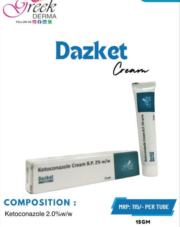 DAZKET Cream is a topical antifungal formulation designed to effectively manage a wide range of fungal skin infections. It contains Ketoconazole 2% w/w, which works by inhibiting fungal growth and eliminating infection-causing organisms. The cream helps relieve symptoms such as itching, redness, and irritation while supporting faster skin recovery. Its smooth, non-greasy texture ensures easy application and quick absorption into the skin. With regular use as directed, DAZKET Cream helps restore healthy skin, prevent the spread of infection, and improve overall skin condition, making it suitable for daily use in fungal care management. &nbsp; &nbsp;