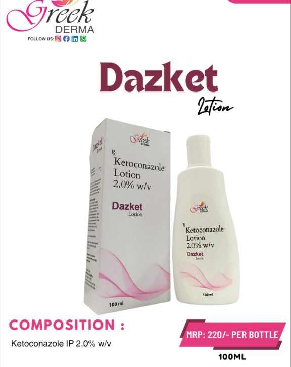 DAZKET Lotion is a topical antifungal formulation designed to effectively manage a wide range of fungal skin infections, especially on larger or hairy areas such as the scalp. It contains Ketoconazole 2% w/w, which works by inhibiting fungal growth and eliminating infection-causing organisms. The lotion helps relieve symptoms such as itching, redness, and irritation while supporting faster skin recovery. Its lightweight, non-greasy formulation ensures easy application and quick absorption into the skin. With regular use as directed, DAZKET Lotion helps restore healthy skin, reduce infection, and improve overall skin condition. &nbsp;