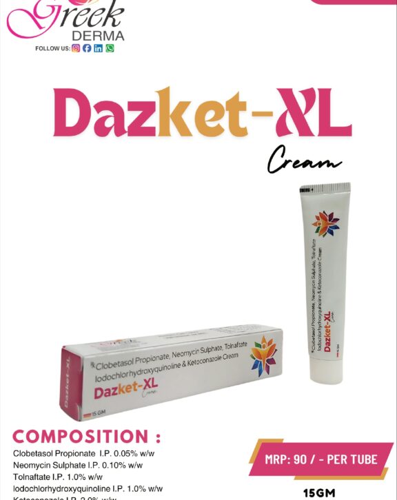 DAZKET-XL Cream is a multi-action topical formulation designed to manage complex skin infections involving bacterial, fungal, and inflammatory components. It contains Clobetasol Propionate to reduce redness, swelling, and itching, Neomycin Sulphate to control bacterial growth, and a combination of antifungal agents including Tolnaftate, Iodochlorohydroxyquinoline, and Ketoconazole to effectively eliminate fungal infections. This advanced formulation works to relieve discomfort, control infection, and promote faster skin recovery. The cream spreads easily and ensures proper coverage of affected areas. With regular use as directed, DAZKET-XL Cream helps restore healthier skin and improve overall skin condition. &nbsp; &nbsp;