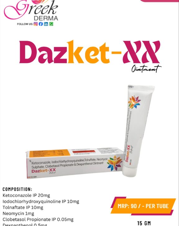 DAZKET-XX Cream is a multi-action topical formulation designed to manage complex skin infections involving bacterial, fungal, and inflammatory components. It contains Ketoconazole, Iodochlorhydroxyquinoline, and Tolnaftate to effectively target fungal infections, Neomycin to control bacterial growth, and Clobetasol Propionate to reduce redness, swelling, and itching. Dexpanthenol helps support skin hydration and repair. This advanced combination works to relieve discomfort, control infection, and promote faster healing of affected skin. The cream spreads easily for uniform coverage. With regular use as directed, DAZKET-XX Cream helps restore healthier skin and improve overall skin condition. &nbsp; &nbsp; &nbsp;