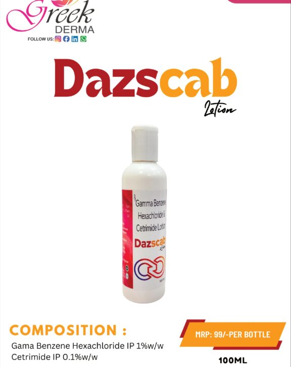 DAZSCAB Lotion is a topical formulation designed to help manage skin infestations such as scabies and lice effectively. It contains Gamma Benzene Hexachloride 1% w/w, which works by eliminating mites and parasites responsible for itching and skin irritation, along with Cetrimide 0.1% w/w, an antiseptic that helps maintain skin hygiene and prevent secondary infections. This dual-action lotion provides relief from itching, reduces discomfort, and supports healthier skin recovery. Its smooth, easy-to-apply formulation ensures even coverage over affected areas. With proper use as directed, DAZSCAB Lotion helps restore skin comfort and control infestation effectively. &nbsp; &nbsp; &nbsp; &nbsp;