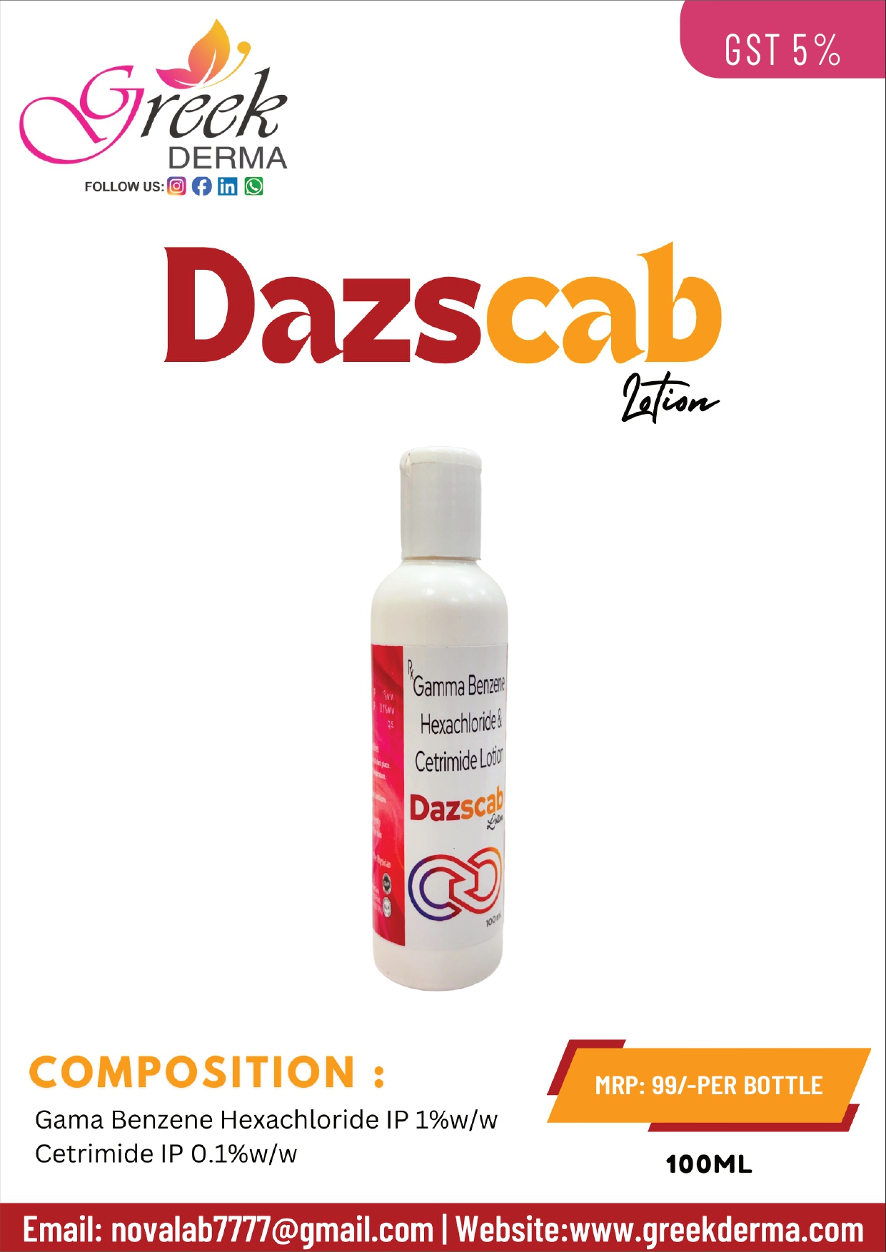 DAZSCAB Lotion (Gamma Benzene Hexachloride 1% w/w & Cetrimide 0.1% w/w Lotion)