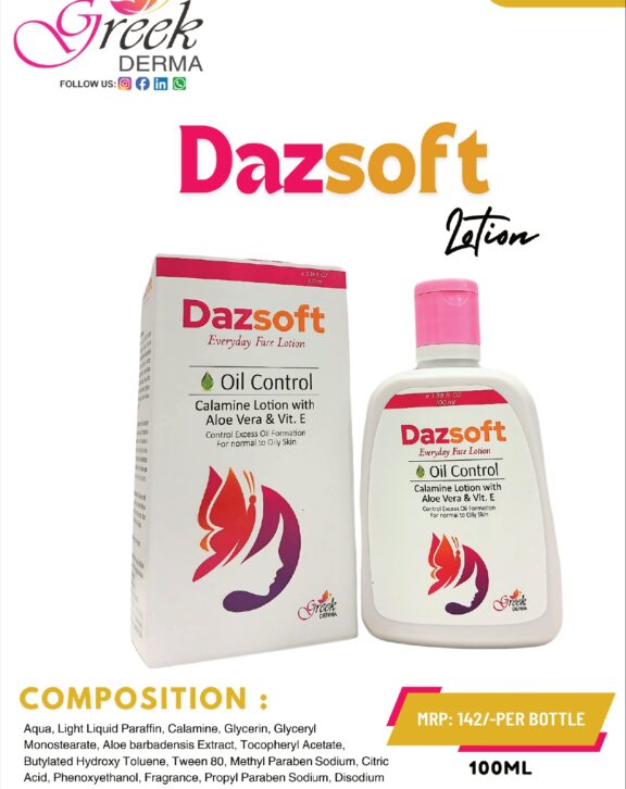 DAZSOFT Lotion is a soothing and moisturizing formulation designed to protect, hydrate, and calm the skin. Enriched with Calamine, Kaolin, Aloe vera extract, Allantoin, and Vitamin E, it helps relieve irritation while maintaining skin hydration and softness. The lotion forms a protective barrier that prevents moisture loss and supports healthy skin texture. Its lightweight, non-greasy formula absorbs easily, making it suitable for daily use on all skin types. With regular application, DAZSOFT Lotion helps soothe sensitive skin, reduce dryness, and keep the skin refreshed, smooth, and comfortably nourished throughout the day. &nbsp; &nbsp; &nbsp; &nbsp; &nbsp;