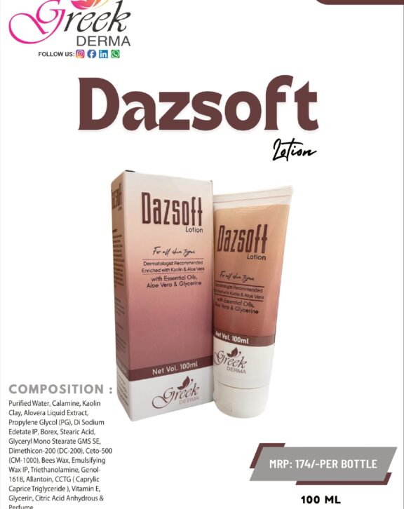 DAZSOFT Face Lotion is a gentle moisturizing formulation designed to hydrate, soothe, and protect the skin. Enriched with ingredients like Calamine, Glycerin, Aloe barbadensis extract, and Tocopheryl Acetate, it helps maintain skin moisture while calming irritation and dryness. The lotion forms a protective barrier to prevent moisture loss and improve overall skin texture. Its lightweight, non-greasy formula absorbs easily into the skin, making it suitable for daily use. With regular application, DAZSOFT Face Lotion helps keep the skin soft, smooth, and refreshed while supporting a healthy and nourished appearance. &nbsp; &nbsp; &nbsp; &nbsp;