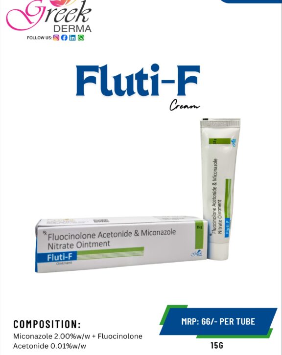 FLUTI-F Ointment is a combination topical formulation designed to manage fungal skin infections associated with inflammation and irritation. It contains Miconazole Nitrate, an antifungal agent that helps eliminate infection-causing fungi, along with Fluocinolone Acetonide, which reduces redness, itching, and swelling. This dual-action ointment works to relieve discomfort, control infection, and support faster skin recovery. The ointment base provides enhanced moisturization and prolonged contact with the skin for better effectiveness. With regular use as directed, FLUTI-F Ointment helps restore healthier skin, reduce irritation, and improve overall skin condition. &nbsp; &nbsp; &nbsp; &nbsp; &nbsp; &nbsp;