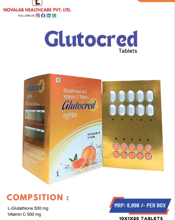 GLUTOCRED Tablets are formulated to support skin health, antioxidant protection, and overall wellness. It contains L-Glutathione 500 mg, a powerful antioxidant known to help reduce oxidative stress and promote a brighter skin appearance, along with Vitamin C 500 mg, which supports collagen production and enhances skin radiance. This combination works to protect cells from damage, improve skin clarity, and support immune health. With regular use, GLUTOCRED Tablets help maintain healthier skin, reduce dullness, and promote a more even complexion while contributing to overall body wellness and vitality &nbsp;