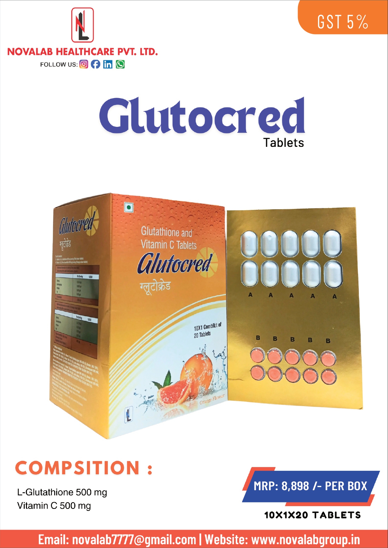 GLUTOCRED Tablets (L-Glutathione 500 mg & Vitamin C 500 mg)