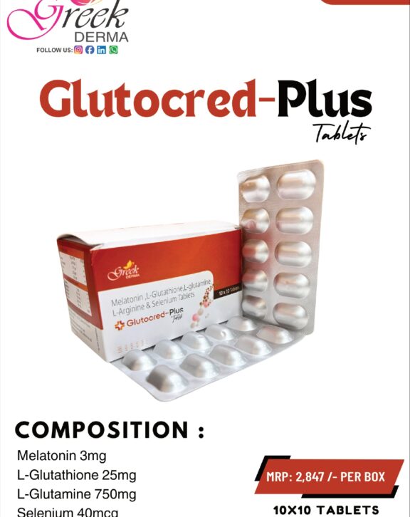 GLUTOCRED-PLUS Tablets are formulated to support skin health, antioxidant defense, and overall wellness while promoting better sleep quality. It contains Melatonin 3 mg, which helps regulate sleep cycles, along with L-Glutathione 25 mg and Selenium 40 mcg that provide antioxidant protection against oxidative stress. L-Glutamine 750 mg supports cellular repair and overall body function. This combination works to improve skin appearance, enhance recovery, and support internal balance. With regular use, GLUTOCRED-PLUS Tablets help promote restful sleep, healthier skin, and overall well-being, making it a comprehensive solution for beauty and wellness support. &nbsp; &nbsp;