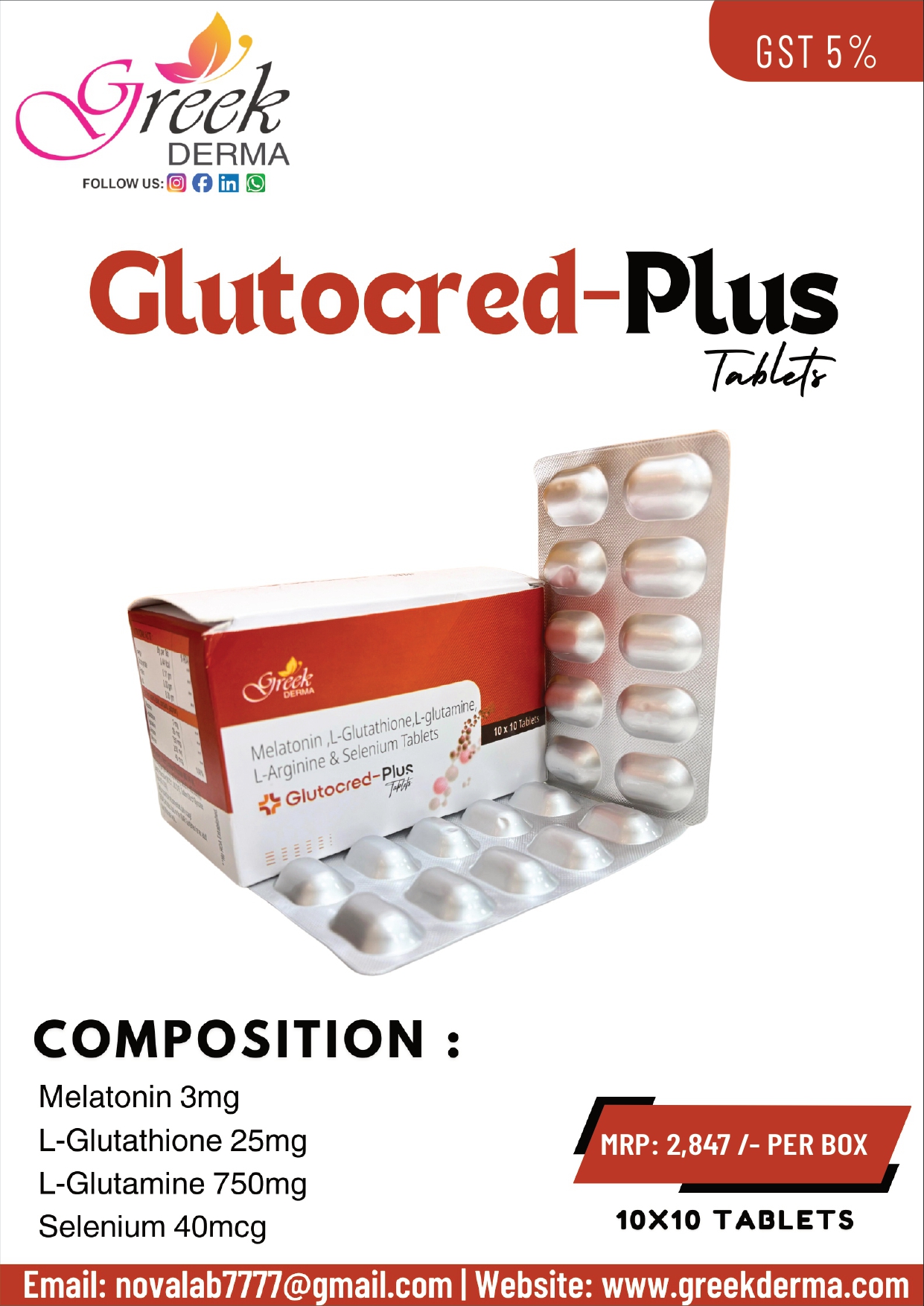 GLUTOCRED-PLUS Tablets (Melatonin 3 mg, L-Glutathione 25 mg, L-Glutamine 750 mg & Selenium 40 mcg)