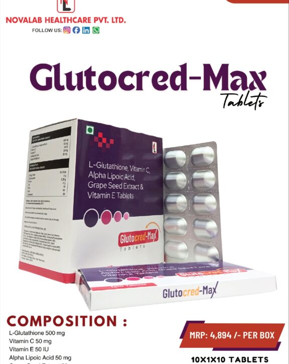 GLUTOCRED-MAX Tablets are an advanced antioxidant formulation designed to support skin health, protect against oxidative stress, and promote overall wellness. It contains L-Glutathione 500 mg, known for its role in skin brightening and detoxification, along with Vitamin C and Vitamin E that help enhance skin radiance and protect against environmental damage. Alpha Lipoic Acid and Grape Seed Extract provide additional antioxidant support, helping to reduce free radical damage and improve skin clarity. With regular use, GLUTOCRED-MAX Tablets help promote a brighter complexion, healthier skin, and improved overall vitality. &nbsp; &nbsp; &nbsp;