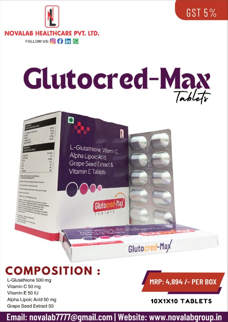 GLUTOCRED-MAX Tablets (L-Glutathione 500 mg, Vitamin C 50 mg, Vitamin E 50 IU, Alpha Lipoic Acid 50 mg & Grape Seed Extract 50 mg)