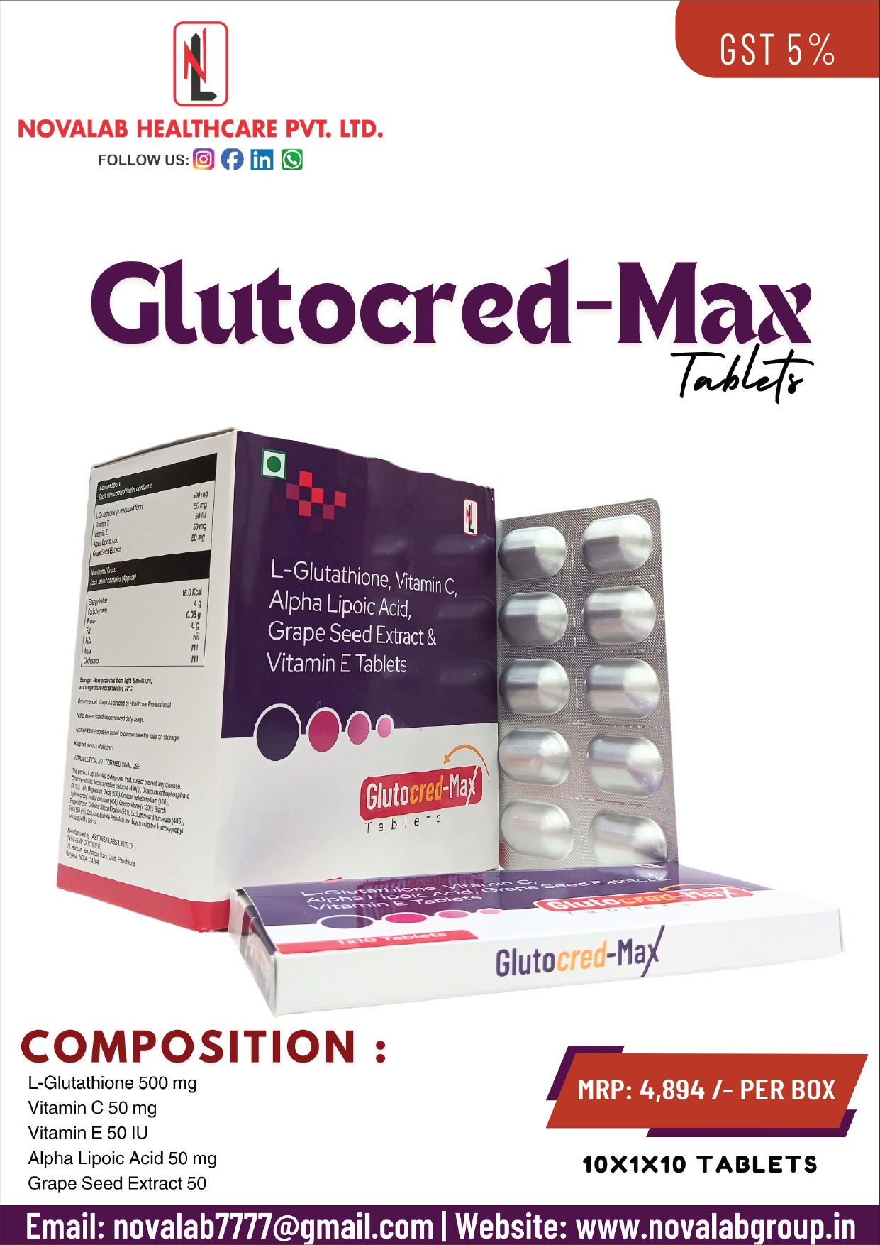 GLUTOCRED-MAX Tablets (L-Glutathione 500 mg, Vitamin C 50 mg, Vitamin E 50 IU, Alpha Lipoic Acid 50 mg & Grape Seed Extract 50 mg)