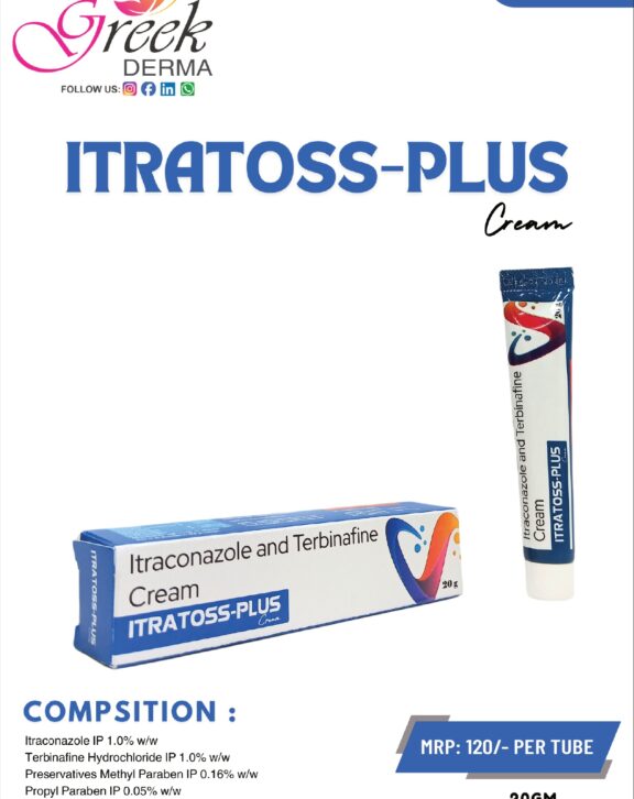 ITRATOSS-PLUS Cream is a combination topical antifungal formulation designed to effectively manage a wide range of fungal skin infections. It contains Itraconazole 1% w/w and Terbinafine 1% w/w, both known for their strong antifungal properties that help eliminate infection-causing fungi and prevent their growth. This dual-action formula works to relieve symptoms such as itching, redness, and irritation while supporting faster skin recovery. The cream spreads easily and absorbs quickly into the skin, ensuring effective coverage. With regular use as directed, ITRATOSS-PLUS Cream helps restore healthy skin and improve overall skin condition. &nbsp; &nbsp; &nbsp; &nbsp;