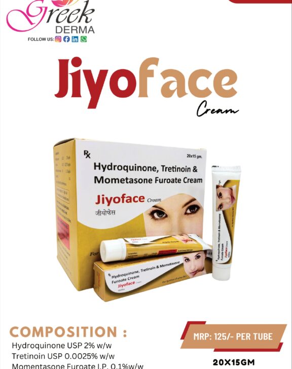JIYOFACE Cream is a combination topical formulation designed to help manage hyperpigmentation, dark spots, and uneven skin tone. It contains Hydroquinone 2%, which helps reduce pigmentation, Tretinoin 0.025% that promotes skin cell renewal, and Mometasone 0.1% to reduce inflammation and irritation. This triple-action formula works to improve skin clarity, lighten dark patches, and enhance overall skin texture. The cream spreads easily and absorbs well into the skin, ensuring effective results. With regular use as directed, JIYOFACE Cream helps promote a brighter, smoother, and more even-toned complexion.