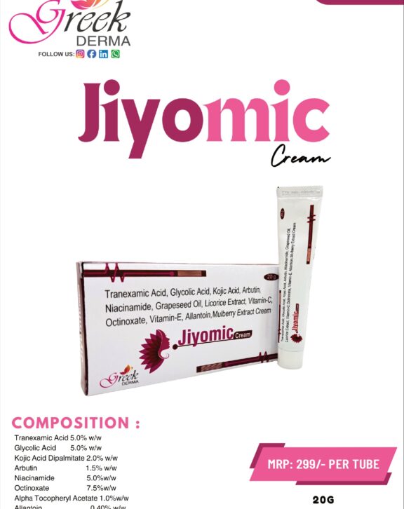 JIYOMIC Cream is an advanced skin-brightening formulation designed to help reduce hyperpigmentation, dark spots, and uneven skin tone. It combines powerful actives like Tranexamic Acid, Kojic Acid, Glycolic Acid, Arbutin, and Niacinamide to target pigmentation while promoting skin renewal. Enriched with Grapeseed oil, Licorice extract, Mulberry extract, Vitamin C, Vitamin E, and Allantoin, it helps nourish the skin and improve overall texture. This multi-action cream works to enhance radiance, smoothness, and clarity. With regular use as directed, JIYOMIC Cream helps achieve a brighter, more even-toned, and healthier-looking complexion.
