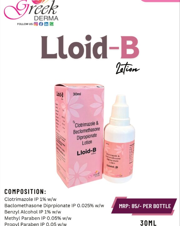 LLOID-B Lotion is a combination topical formulation designed to manage fungal skin infections associated with inflammation and irritation. It contains Clotrimazole 1% w/w, which helps eliminate infection-causing fungi, along with Beclomethasone Dipropionate 0.025% w/w, a corticosteroid that reduces redness, itching, and swelling. This dual-action lotion works to relieve discomfort, control infection, and support faster skin recovery. Its lightweight formulation allows easy application, especially on larger or hairy areas. With regular use as directed, LLOID-B Lotion helps restore healthier skin, reduce irritation, and improve overall skin condition. &nbsp; &nbsp;
