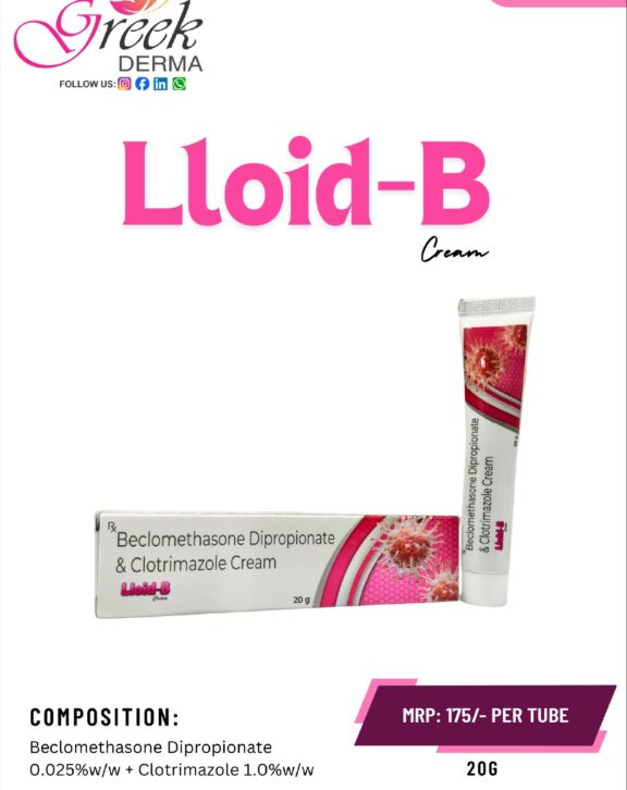 LLOID-B Cream is a combination topical formulation designed to manage fungal skin infections associated with inflammation and irritation. It contains Clotrimazole 1% w/w, an antifungal agent that helps eliminate infection-causing fungi, along with Beclomethasone Dipropionate 0.025% w/w, a corticosteroid that reduces redness, swelling, and itching. This dual-action formula works effectively to relieve discomfort, control infection, and support faster skin recovery. The cream spreads easily and absorbs quickly, ensuring proper coverage of affected areas. With regular use as directed, LLOID-B Cream helps restore healthier skin and improve overall skin condition.