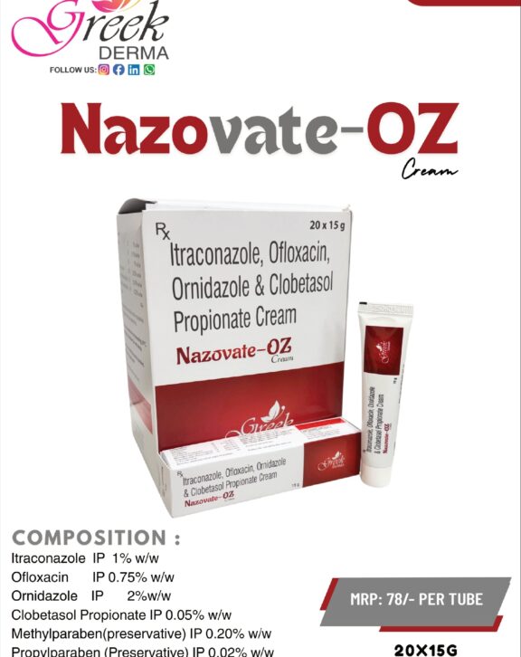 NAZOVATE-OZ Cream is a multi-action topical formulation designed to manage complex skin infections involving bacterial, fungal, and inflammatory components. It contains Ofloxacin and Ornidazole to help control bacterial and anaerobic infections, Itraconazole for antifungal action, and Clobetasol to reduce redness, swelling, and itching. This advanced combination works effectively to relieve discomfort, control infection, and support faster skin recovery. The cream spreads easily, ensuring proper coverage of affected areas. With regular use as directed, NAZOVATE-OZ Cream helps restore healthier skin, reduce irritation, and improve overall skin condition. &nbsp; &nbsp;
