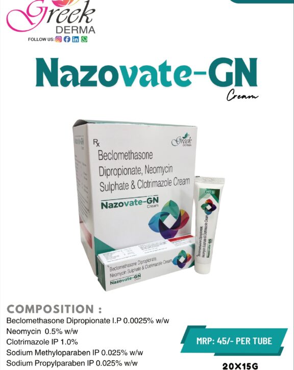 NAZOVATE-GN Cream is a combination topical formulation designed to manage mixed skin infections involving bacterial, fungal, and inflammatory components. It contains Beclomethasone Dipropionate 0.025% w/w to reduce redness, swelling, and itching, Neomycin Sulphate 0.5% w/w to control bacterial growth, and Clotrimazole 1% w/w for effective antifungal action. This multi-action formula works to relieve discomfort, control infection, and support faster skin recovery. The cream spreads easily, ensuring proper coverage of affected areas. With regular use as directed, NAZOVATE-GN Cream helps restore healthier skin and improve overall skin condition. &nbsp; &nbsp; &nbsp;