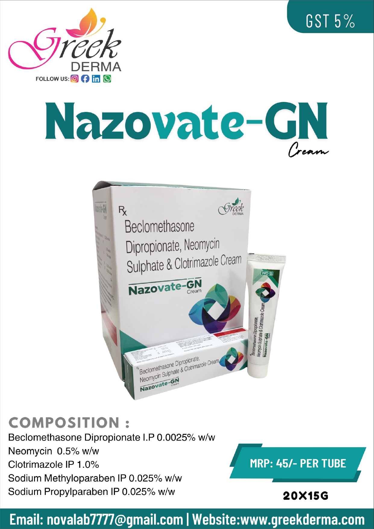 NAZOVATE-GN Cream (Beclomethasone Dipropionate 0.025% w/w, Neomycin Sulphate 0.5% w/w & Clotrimazole 1% w/w)