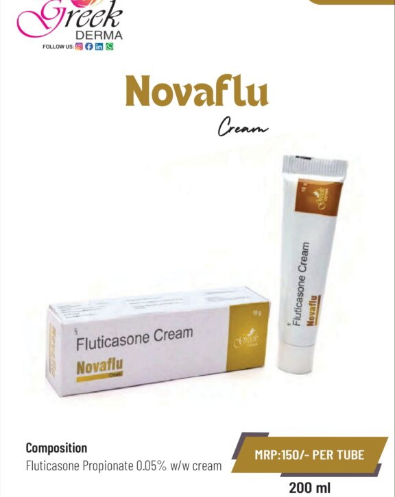 NOVAFLU Cream is a topical formulation designed to manage inflammatory skin conditions such as dermatitis, eczema, and allergic reactions. It contains Fluticasone Propionate 0.05% w/w, a corticosteroid that helps reduce redness, swelling, itching, and irritation. The cream works by calming inflamed skin and providing relief from discomfort while improving overall skin condition. Its smooth, non-greasy texture ensures easy application and quick absorption. With regular use as directed, NOVAFLU Cream helps restore skin comfort, reduce inflammation, and promote a healthier, more balanced skin appearance. &nbsp; &nbsp; &nbsp; &nbsp;