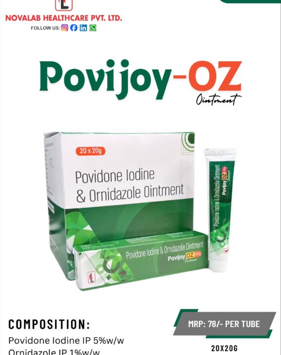 POVIJOY-OZ Ointment is a topical antiseptic formulation designed to help manage infected wounds and prevent microbial growth. It contains Povidone-Iodine 5% w/w, known for its broad-spectrum antiseptic action, along with Ornidazole 1% w/w, which helps control anaerobic bacterial infections. This dual-action formula works effectively to reduce infection risk, promote healing, and protect damaged skin from further contamination. The ointment base ensures prolonged contact with the affected area for better effectiveness. With regular use as directed, POVIJOY-OZ Ointment helps maintain skin hygiene and supports faster recovery of wounds and minor skin injuries. &nbsp;