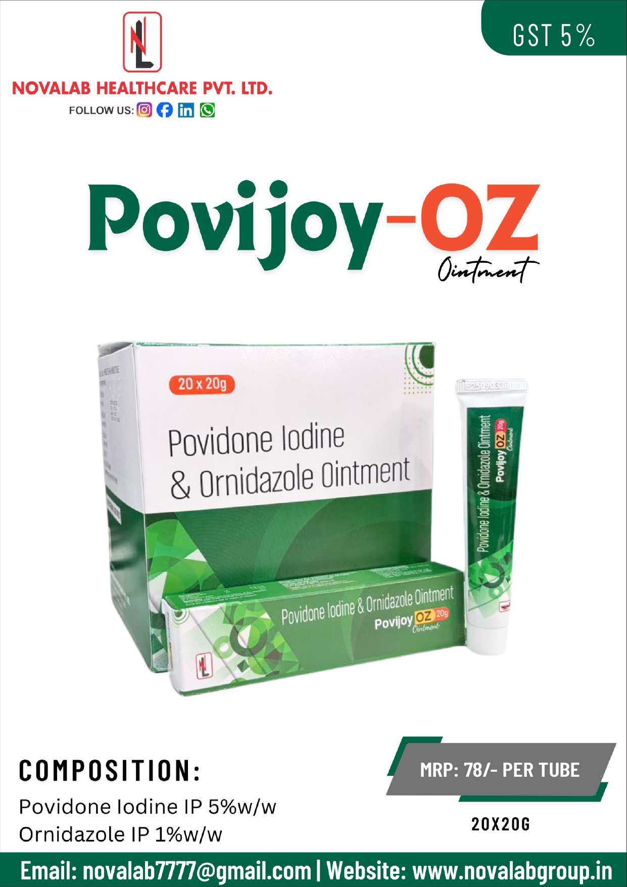 POVIJOY-OZ Ointment (Povidone-Iodine 5% w/w & Ornidazole 1% w/w)